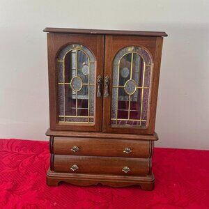 Vintage Wooden Armoire Jewelry Box Organizer W/Frosted Glass Doors 15"Tall